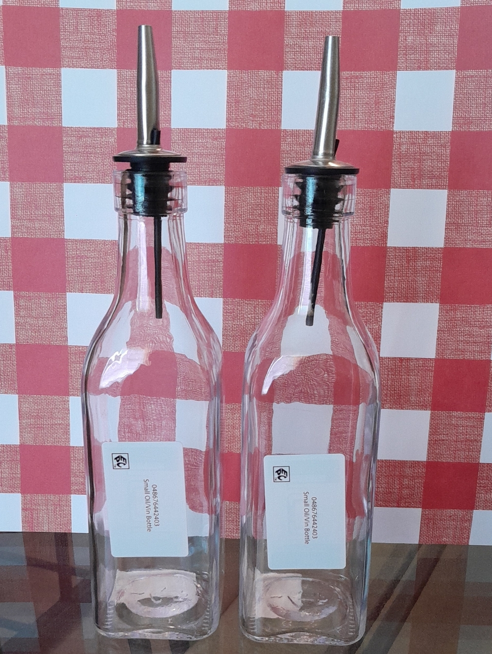 Clear Glass Olive Oil Pourer Bottles with Stainless Spouts, Set of 2